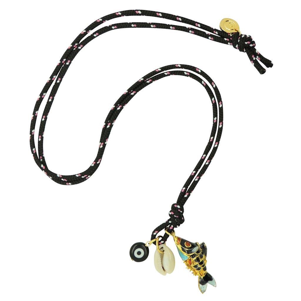 Dana Levy Limited Edition Cloisonné Fish Charm Trio Cord Necklace - Black Cord