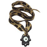 Dana Levy Multicolour Glass Hamsa Hand Amulet Wild Silk Ribbon Necklace - Black Hamsa Brown Leopard Print Cord Brown Trim