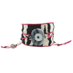 Dana Levy Multicolour Glass Evil Eye Amulet Wild Silk Ribbon Wrap Bracelet - Black Grey Evil Eye Zebra Print Pink Trim