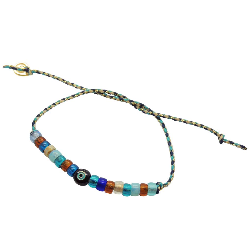 Dana Levy Limited Edition Enamel Initial Charm Candy Bead Braid Bracelet - Black Letter O -Navy / Beige / Teal