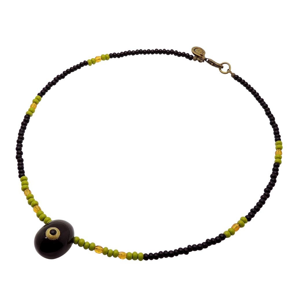Dana Levy Ceramic Evil Eye Egg Charm Glass Bead Mix Necklace - Black Evil Eye Egg / Black / Olive / Dark Orange
