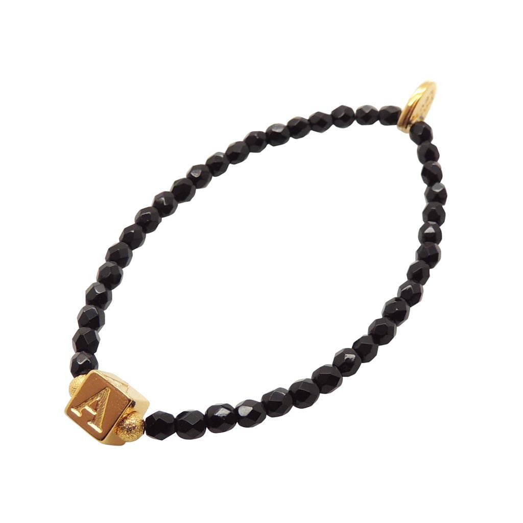 Dana Levy Alphabet Cube Charm Faceted Glass Bead Bracelet - Letter A Jet Black Beads
