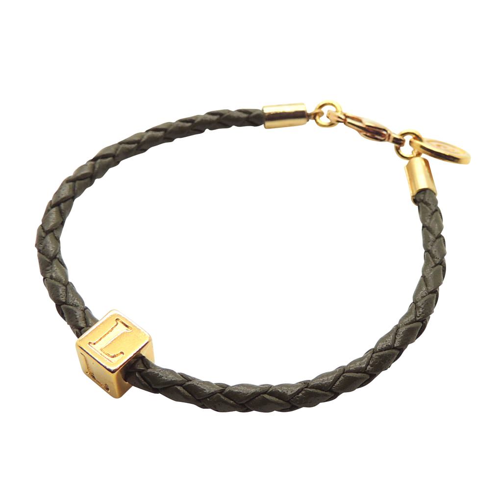 Dana Levy Alphabet Cube Charm Leather Braid Bracelet - Letter L on Black Leather Cord