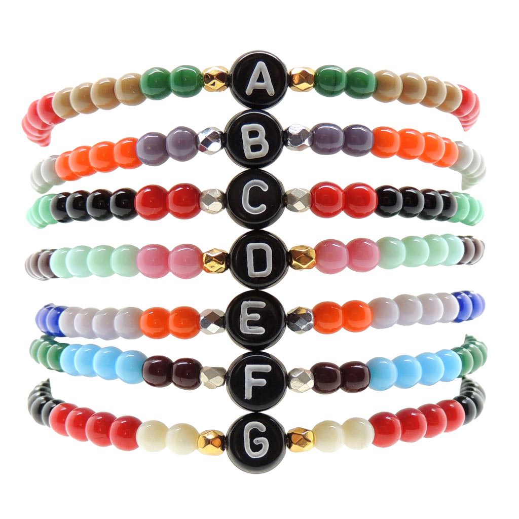 Dana Levy Initial Alphabet Letter Charm Glass Bead Bracelet - Black A to G Stack