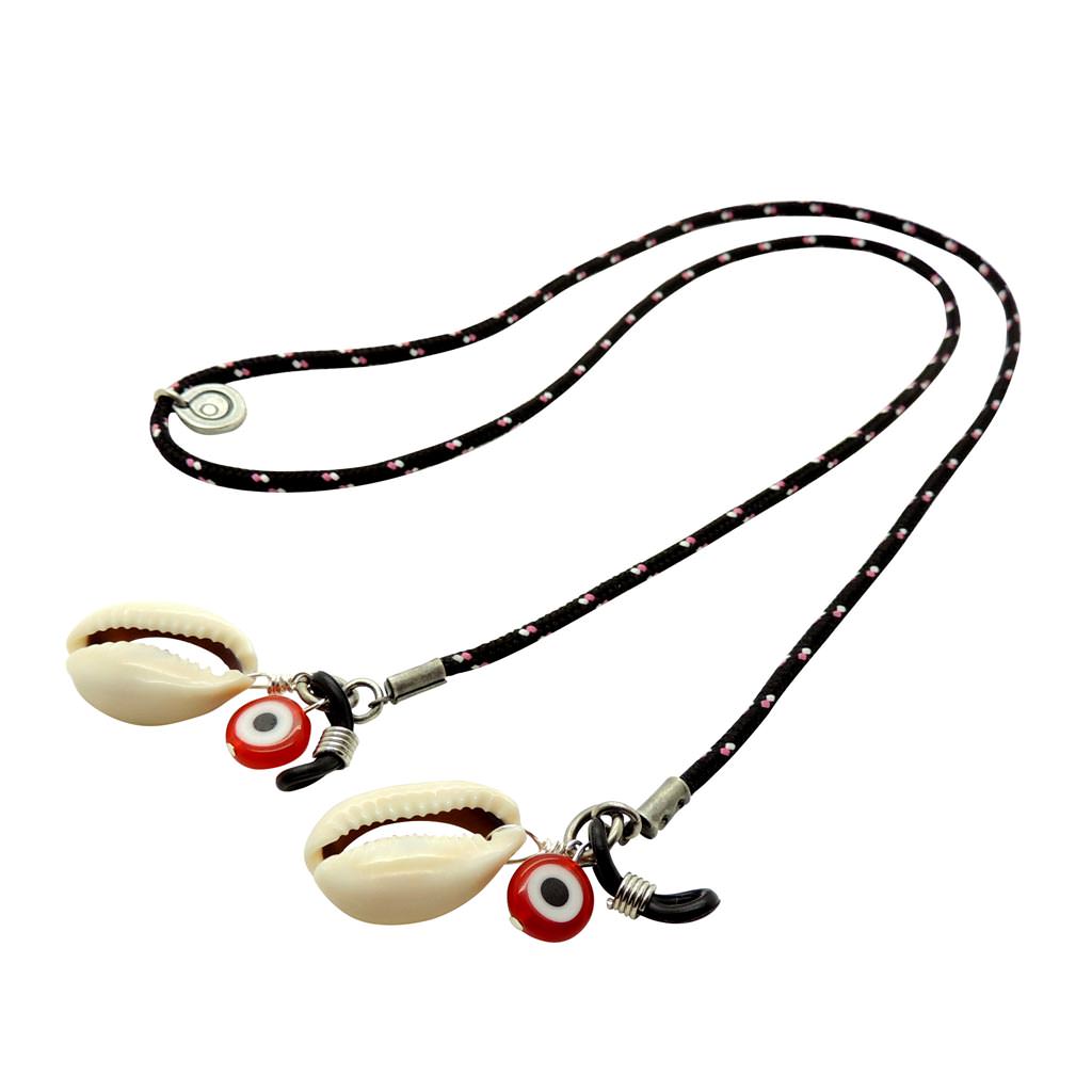 Dana Levy Seashell Charm Nautical Cord Glasses Chain - Black Cord Royal Red Evil Eye