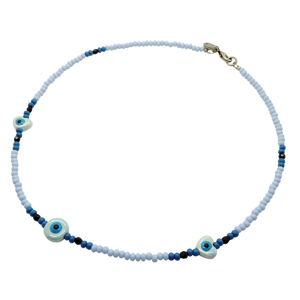 Dana Levy Ceramic Evil Eye Heart to Heart Charm Glass Bead Mix Necklace - Pearlized Blue / Baby Blue / Cobalt Blue / Jet Black