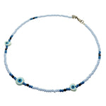Dana Levy Ceramic Evil Eye Heart to Heart Charm Glass Bead Mix Necklace - Pearlized Blue / Baby Blue / Cobalt Blue / Jet Black