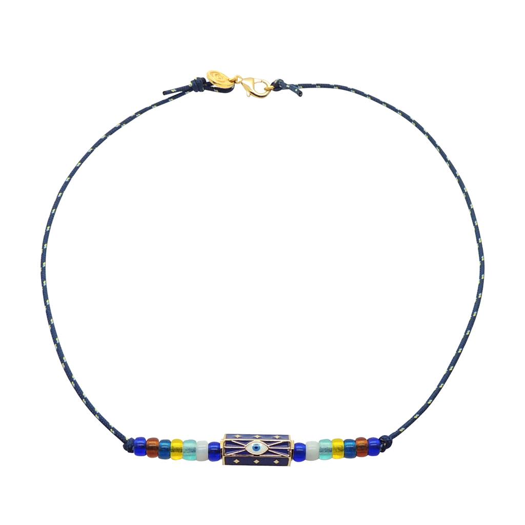 Dana Levy Enamel Evil Eye Barrel Charm Nautical Cord Necklace - Blue Evil Eye / Navy Cord
