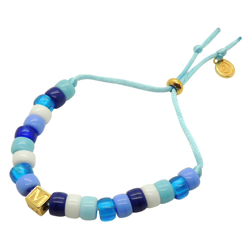 Dana Levy Personalised Initial Alphabet Cube Charm Candy Bead Satin Cord Bracelet - Letter M Blues Mix Baby Blue Cord