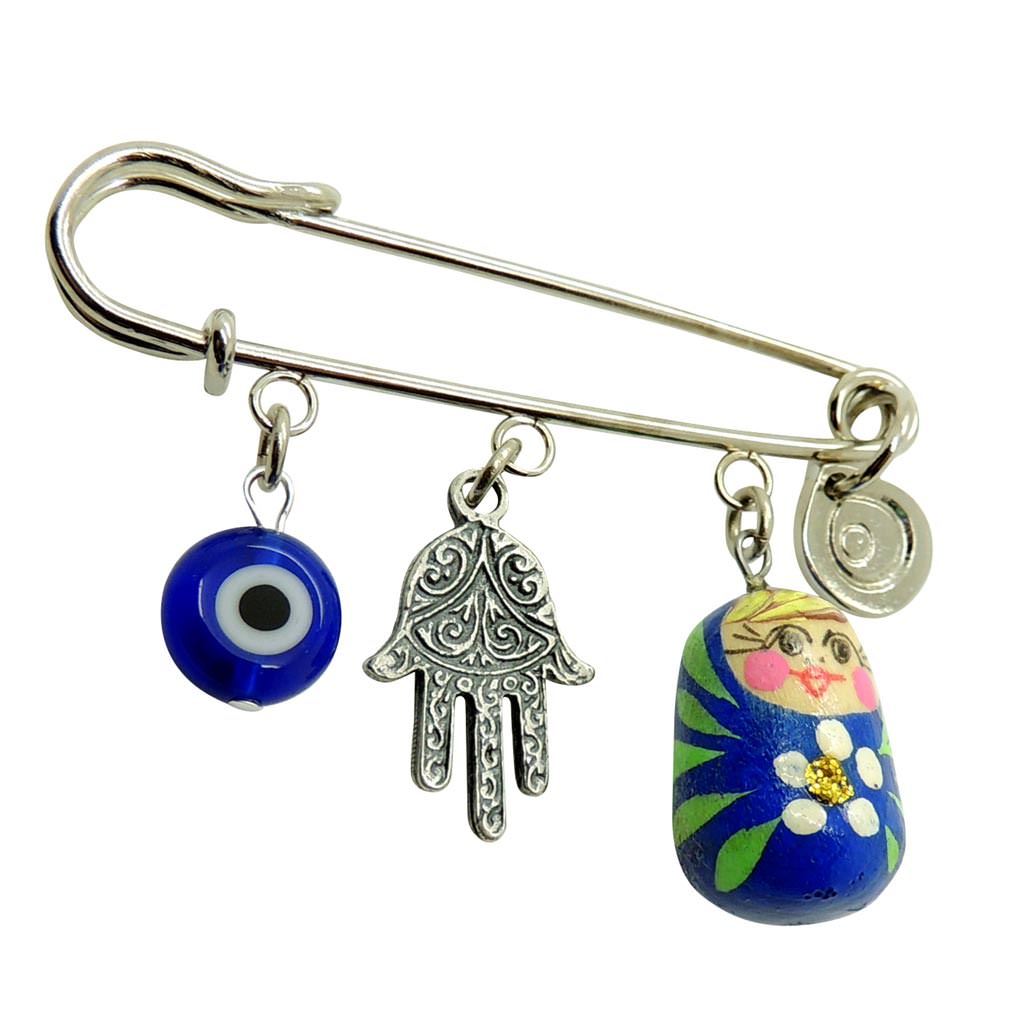 Dana Levy Matryoshka Russian Doll Amulet Brooch - Silver with Blue Doll 