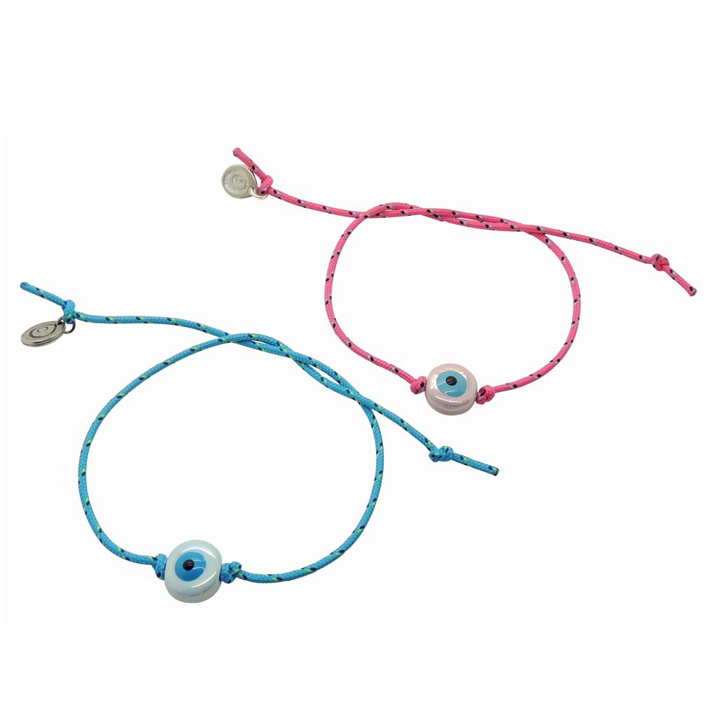 Dana Levy Ceramic Evil Eye Charm Nautical Cord Bracelet - Pearlised Pink / Pink Cord and Pearlised Blue/ Turquoise Cord