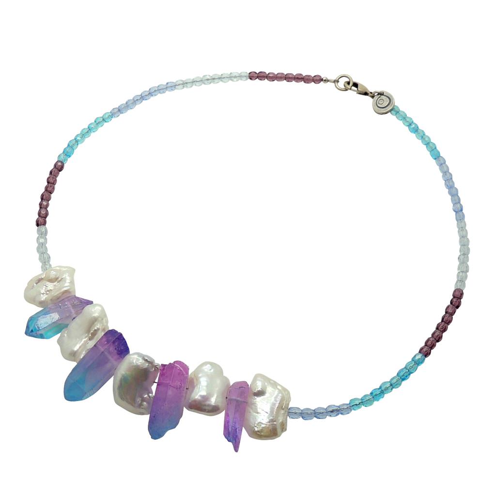 Dana Levy Ombre Quartz Crystal Charm Freshwater Pearl Beaded Necklace - Purple / Blue 