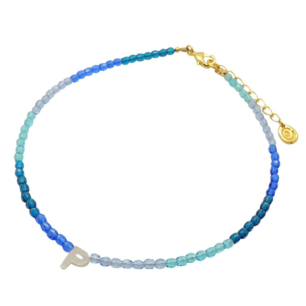 Dana Levy Mother of Pearl Shell Alphabet Letter Charm Ombre Faceted Glass Bead Choker - Letter P Teal/Sapphire Blue/Light Blue/Sky Blue Gold Plate