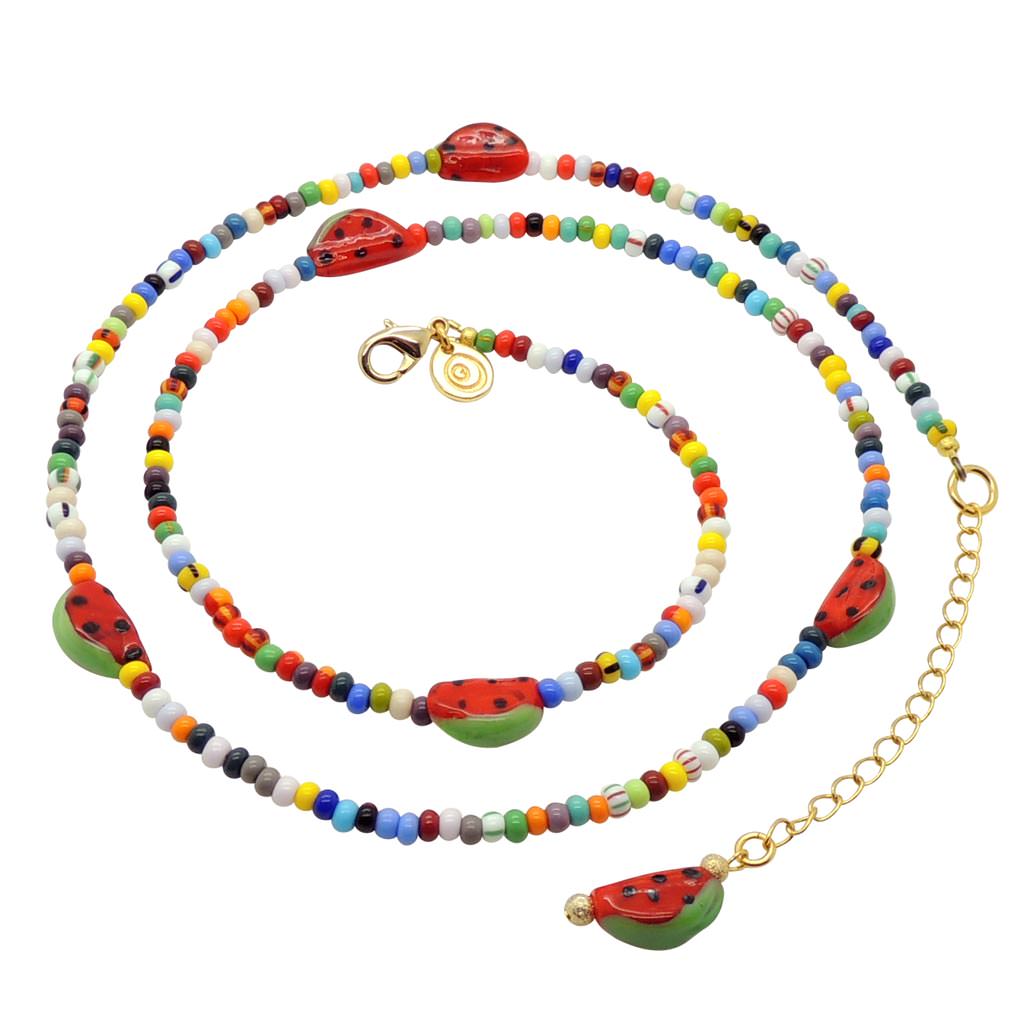 Dana Levy Watermelon Charm Balagan Multicolour Glass Bead Belly Chain Spiral - Gold Plate 