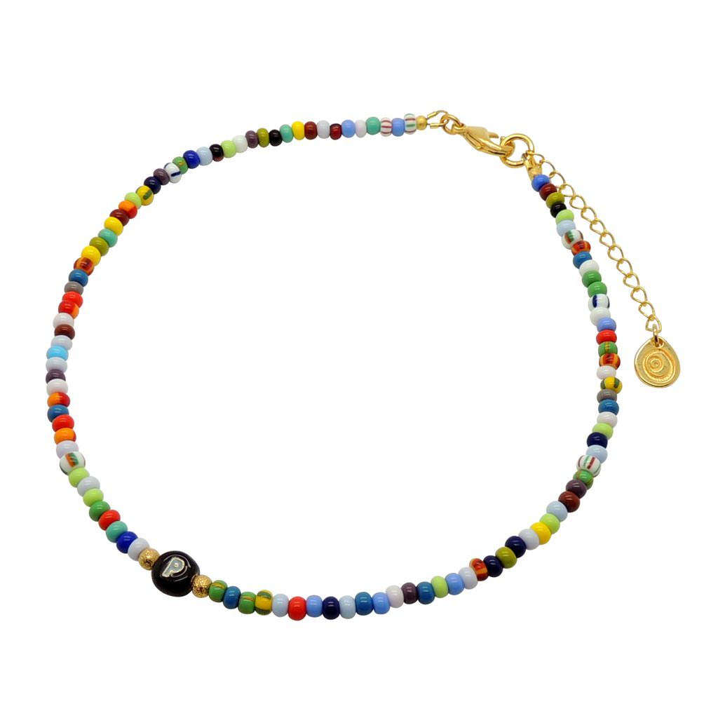Dana Levy Limited Edition Enamel Initial Charm Balagan Glass Bead Choker - Black Letter P 