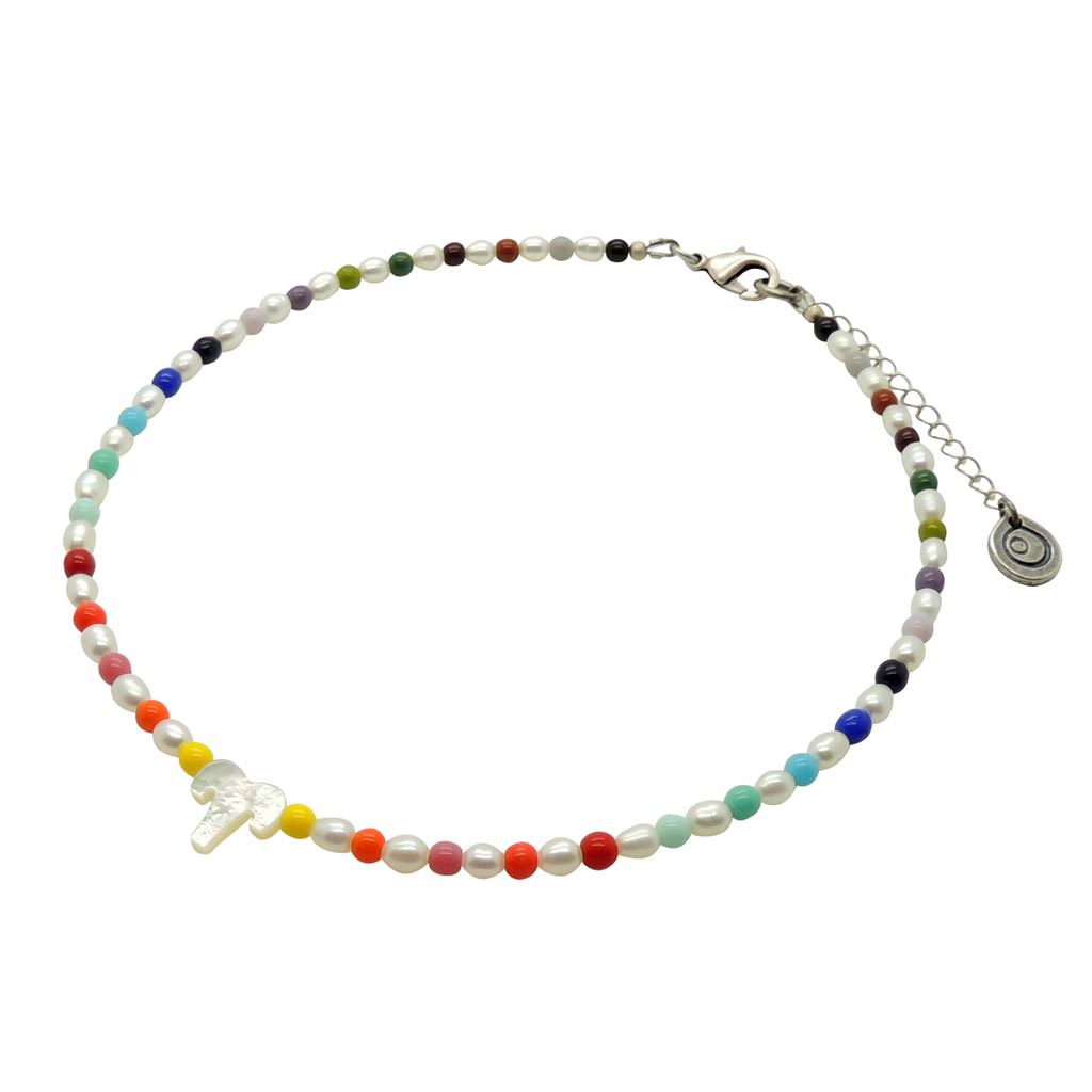 Dana Levy Mother of Pearl Shell Zodiac Symbol Freshwater Pearl Rainbow Glass Bead Choker - Aries