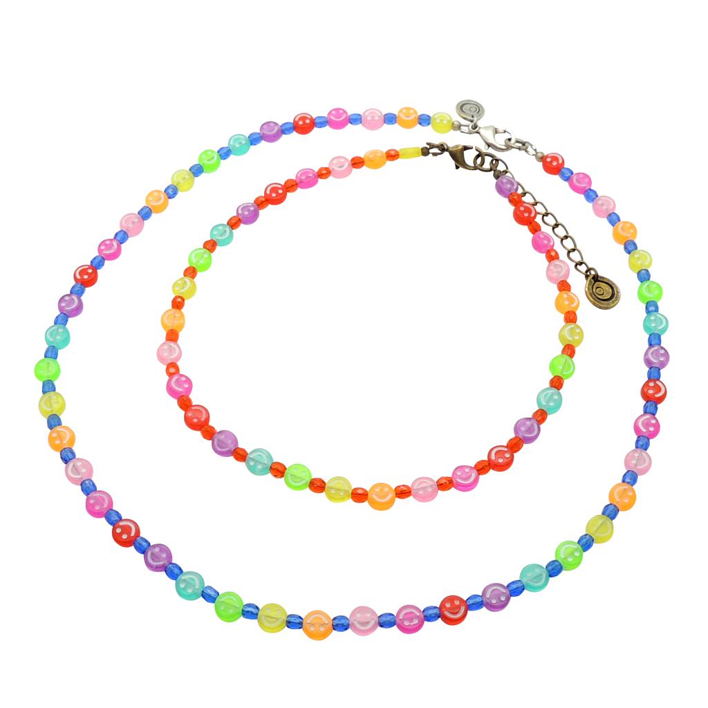 Dana Levy Mini Ombre Rainbow Smiley Charm Faceted Glass Bead Necklace - Necklace and Choker Duo Orange Sapphire Blue