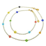 Dana Levy Multicolour Evil Eye Flower Charm Freshwater Pearl Necklace and Choker Duo