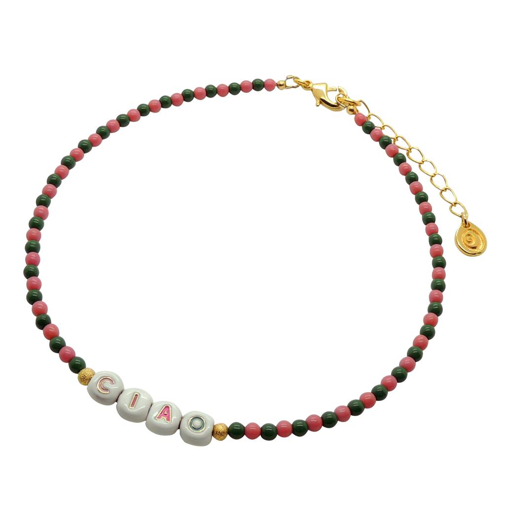 Dana Levy Enamel Personalised Name Two Tone Glass Bead Choker - Ciao White Enamel Dark Rose and Forest Green Glass Beads