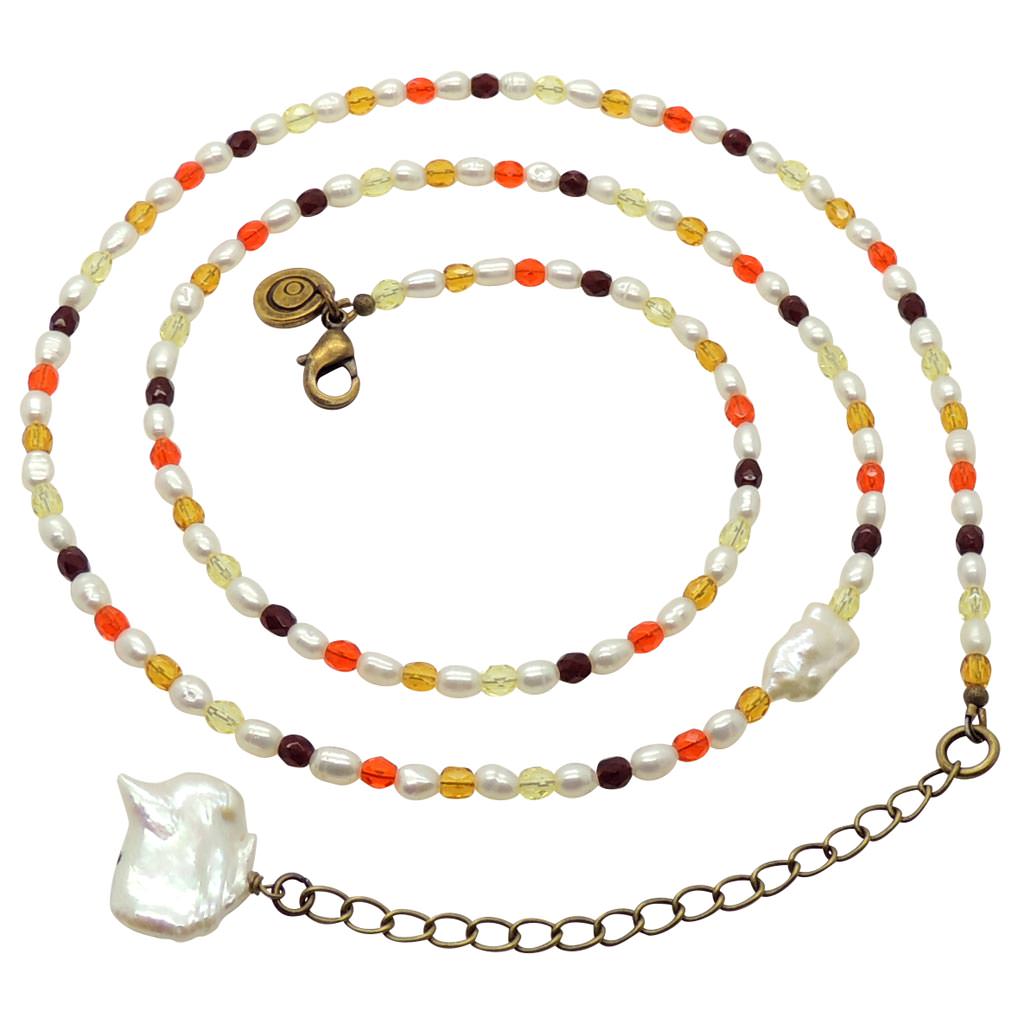 Dana Levy Freshwater Pearl Charm Multicolour Glass Crystal Bead Belly Chain Spiral - Antique Gold / Orange Red Spectrum