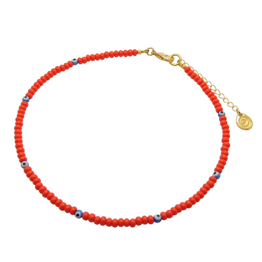 Dana Levy Mini Evil Eye Charm Glass Bead Choker - Royal Blue Evil Eye / Coral Red Beads