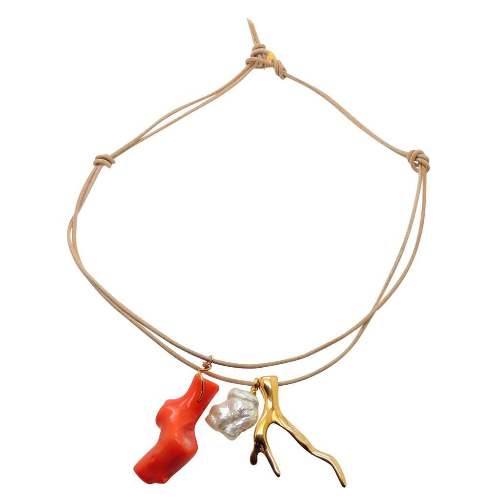 Dana Levy Coral Pearl Charm Trio Leather Cord Necklace - Natural Cord