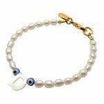 Dana Levy Mother of Pearl Initial Alphabet Charm Evil Eye Freshwater Pearl Bracelet - D Royal Blue Evil Eye