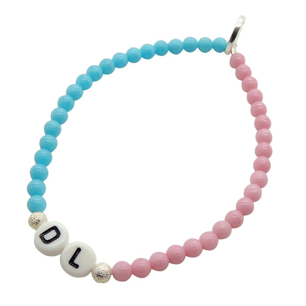Dana Levy Personalised Name Colour Duo Glass Bead Bracelet - Black Text on White / Shiny Silver / Left: Turquoise - Right: Light Pink Glass Beads 