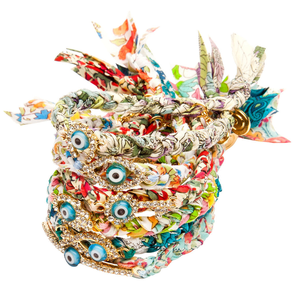 Dana Levy Diamante Horseshoe Lucky Charm Liberty Print Braid Bracelets - Group Mix