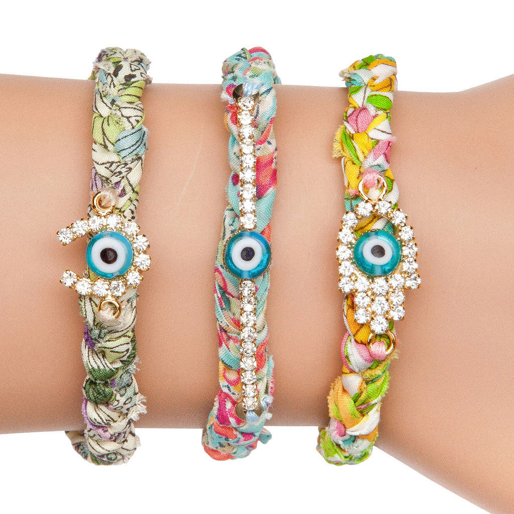 Dana Levy Diamante Horseshoe Lucky Charm Liberty Print Braid Bracelet on Wrist