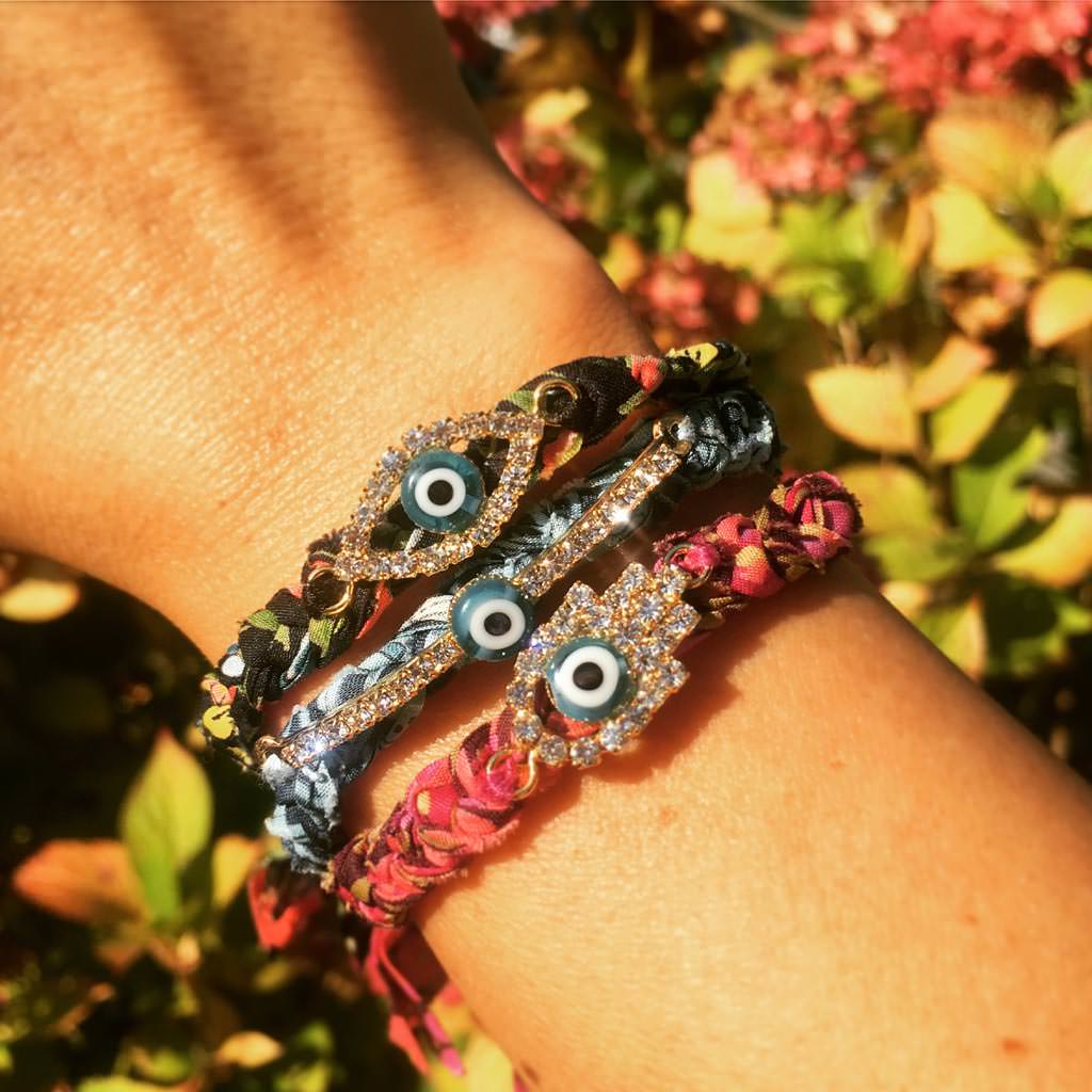 Dana Levy Diamante Hamsa Hand Lucky Charm Liberty Print Braid Bracelet - Eye Band Hamsa Trio Wrist 