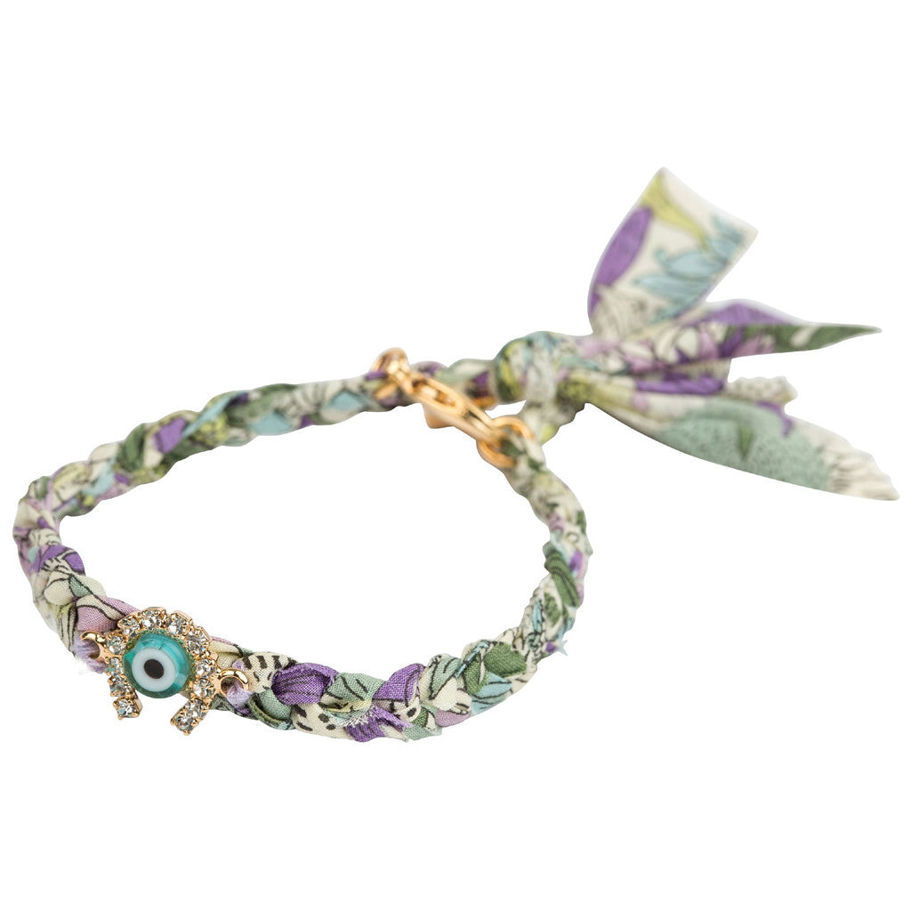 Dana Levy Diamante Horseshoe Lucky Charm Liberty Print Braid Bracelet - Lilac Purple Green Liberty Floral