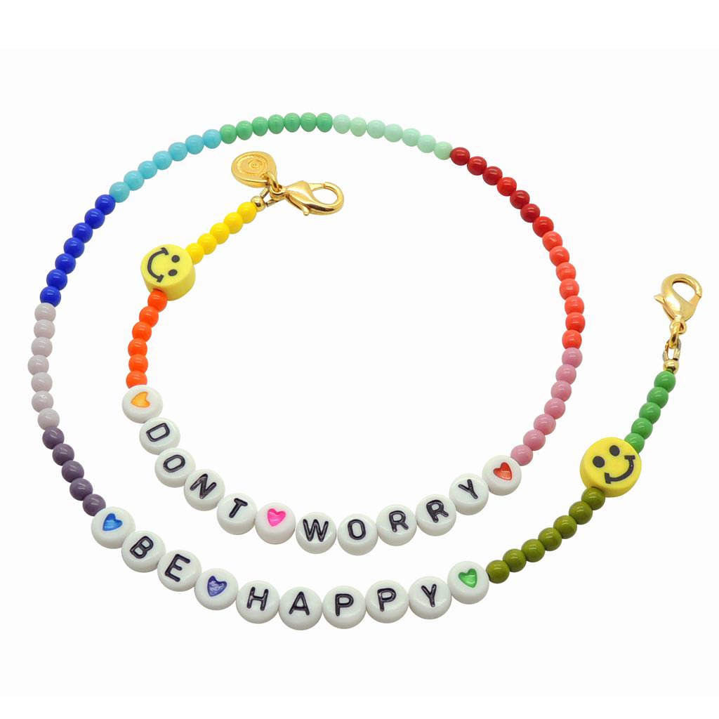 Dana Levy Personalised Alphabet Rainbow Glass Bead Face Covering Chain - Dont Worry Be Happy