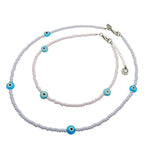 Dana Levy Evil Eye Charm Glass Bead Necklace and Choker Duo - Turquoise Evil Eye Lilac Beads, Opaque Turquoise Evil Eye Baby Pink Glass Beads 