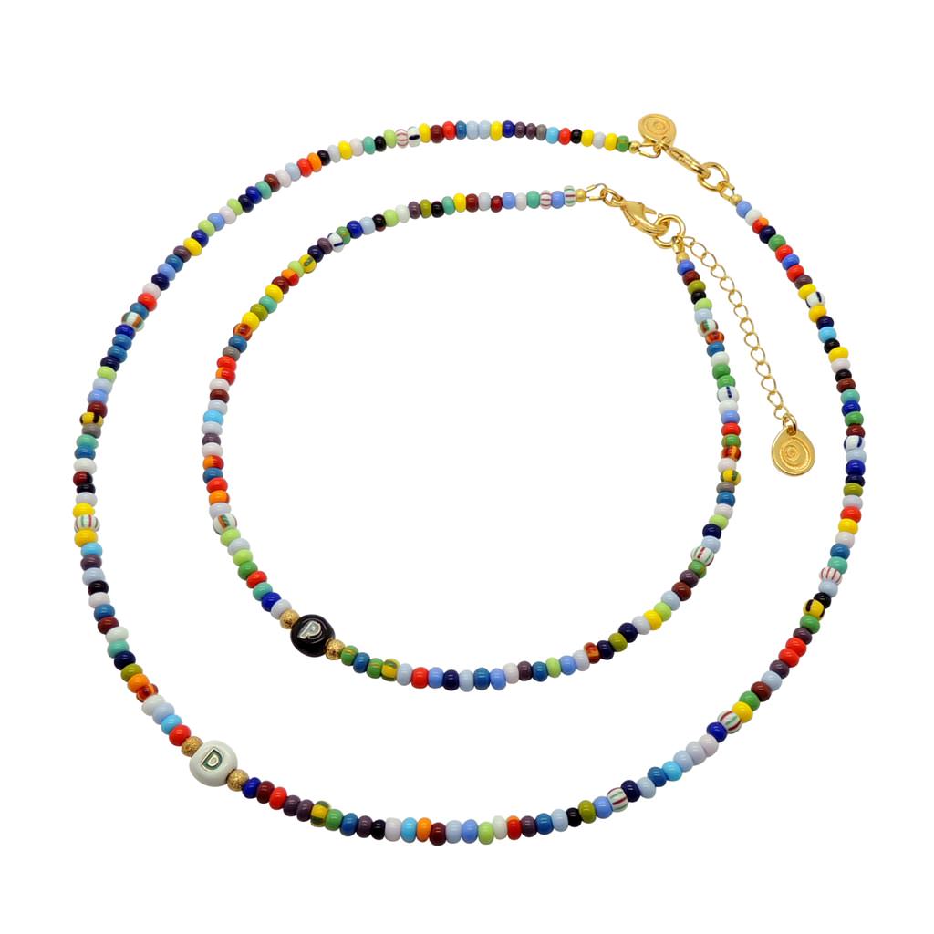 Dana Levy Limited Edition Enamel Initial Charm Balagan Glass Bead Necklace and Choker Duo Set 