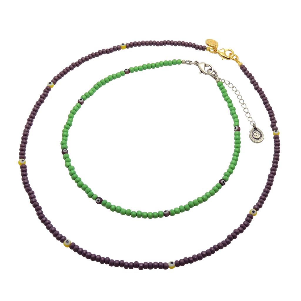 Dana Levy Mini Evil Eye Charm Glass Bead Necklace Choker Duo - Yellow Eye/Plum Purple Beads, Purple Evil Eye/Apple Green - 