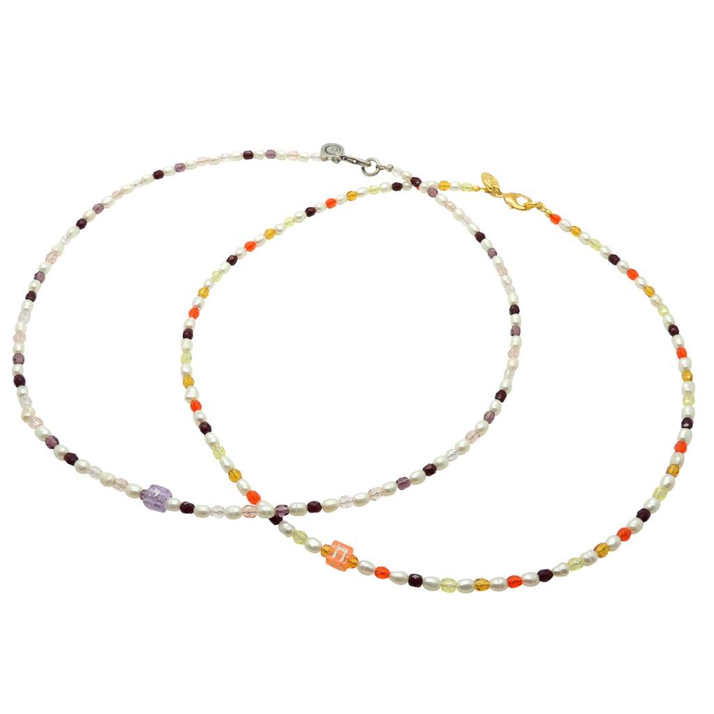 Dana Levy Multicolour Alef Bet Hebrew Initial Charm Freshwater Pearl Glass Crystal Bead Duo Necklace - Duo Pink-Purple and Orange Red Spectrums