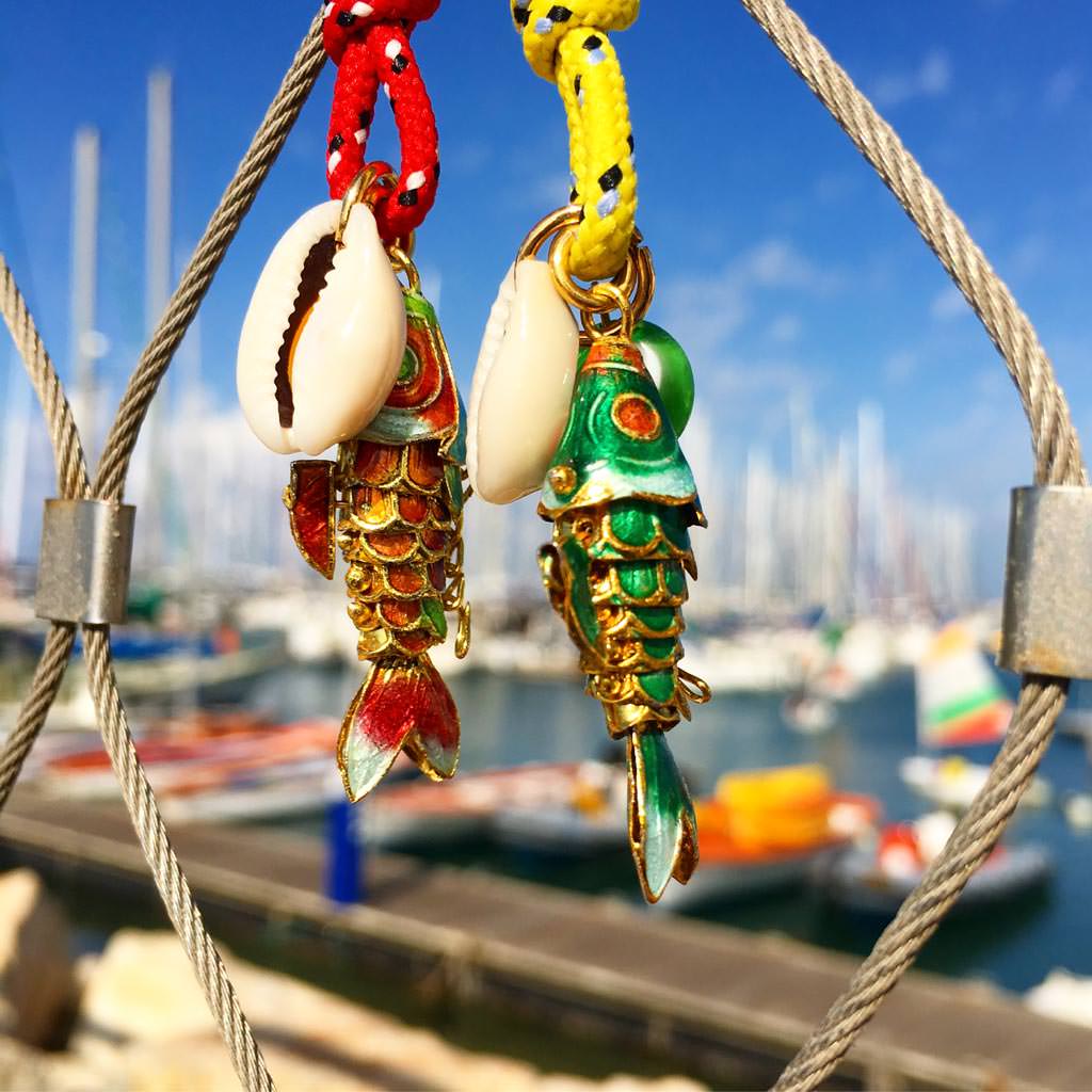 Dana Levy Limited Edition Cloisonné Fish Charm Trio Cord Necklace - Duo Detail Marina