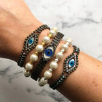 Dana Levy Mother of Pearl Evil Eye Swarovski Crystal Ball Chain Bracelet - Antique Gold Bracelets Mix w Faux Pearl Bracelets