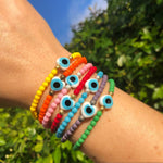 Dana Levy Evil Eye Heart Charm Glass Bead Bracelet - Rainbow Stack