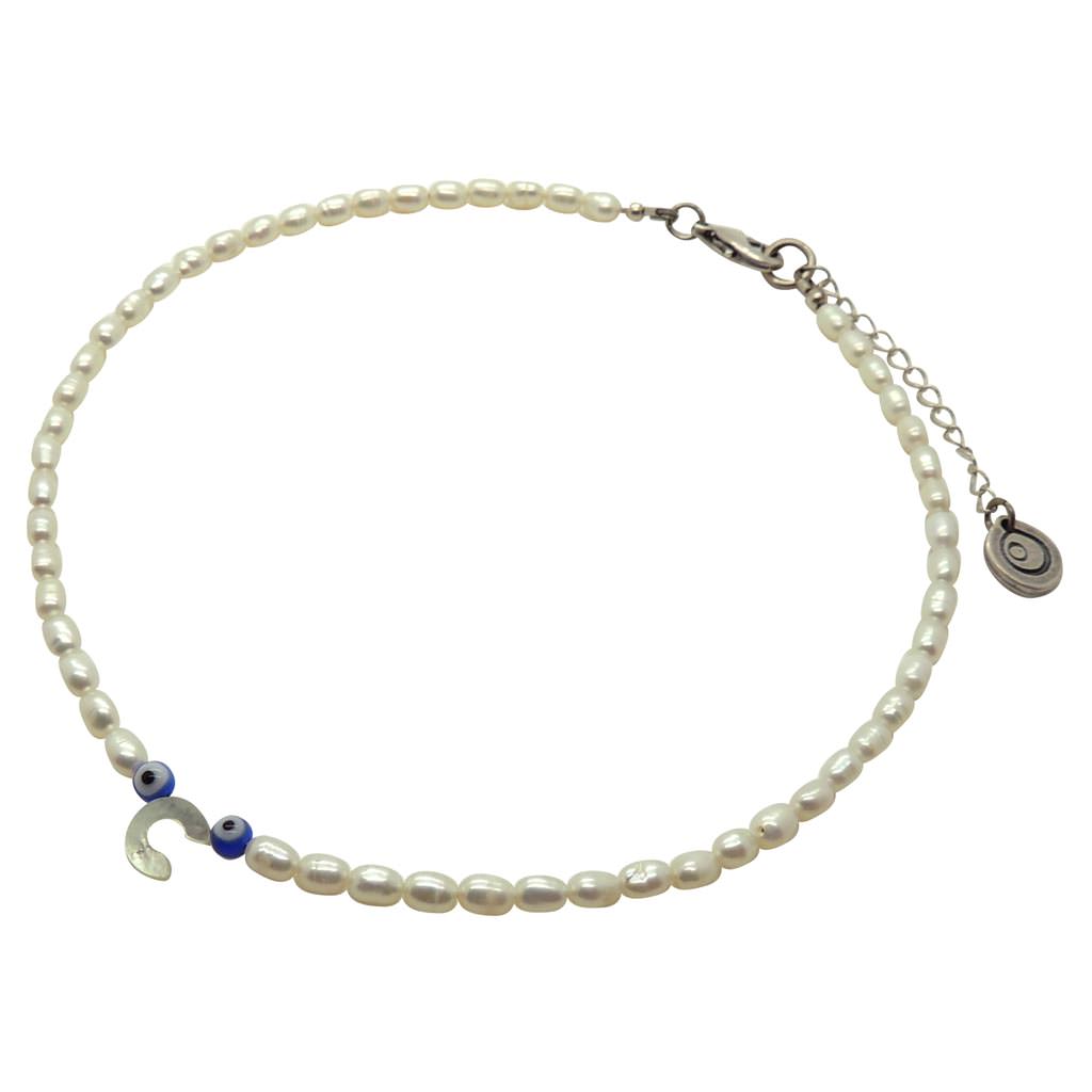 Dana Levy Mother of Pearl Initial Alphabet Evil Eye Charm Freshwater Pearl Choker - Letter C Royal Blue Evil Eyes Antique Silver Plate
