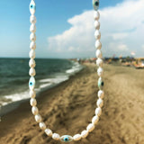 Dana Levy Mother of Pearl Evil Eye Charm Freshwater Pearl Choker - Close Up Beach 