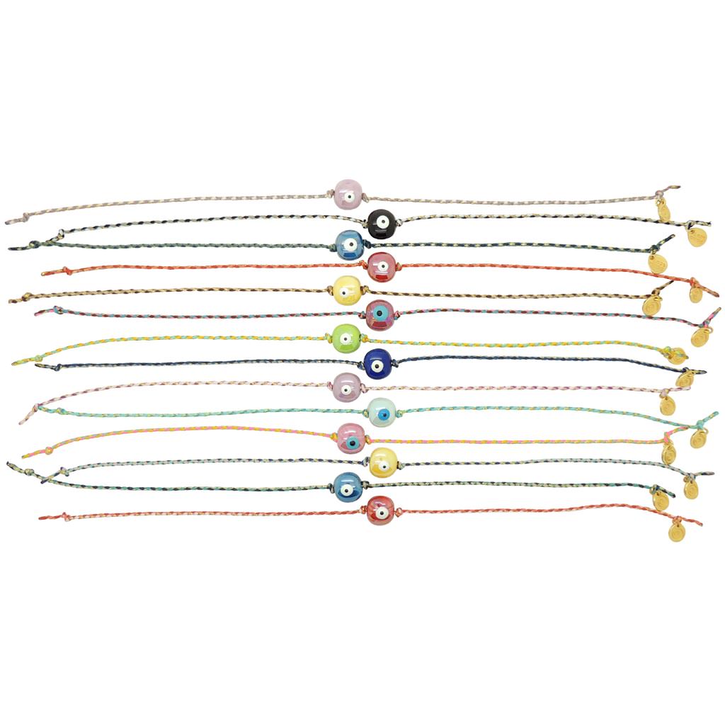 Dana Levy Ceramic Evil Eye Bubble Charm Multicolour Braid Cord Bracelet - Group Flatlay