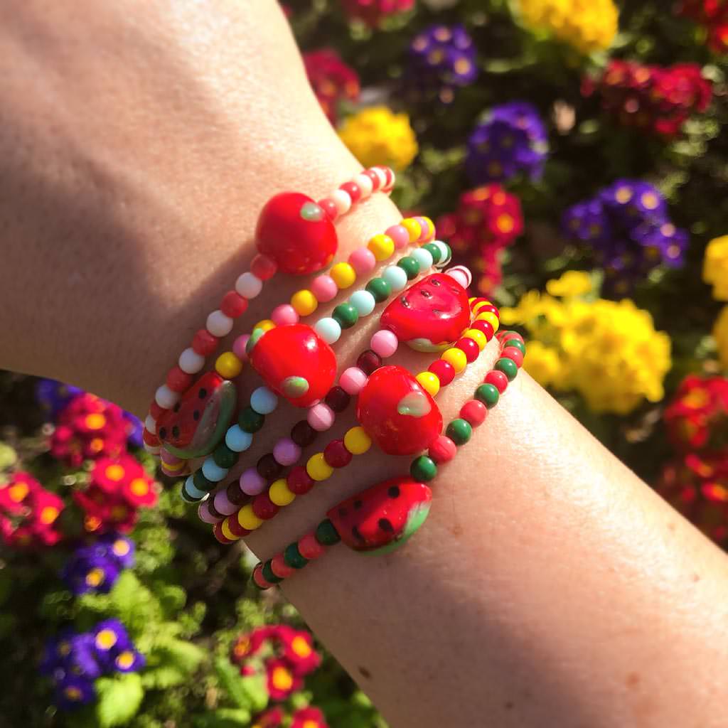 Dana Levy Watermelon Charm Two Tone Glass Bead Bracelet - Watermelon and Apples Mix Wrist 