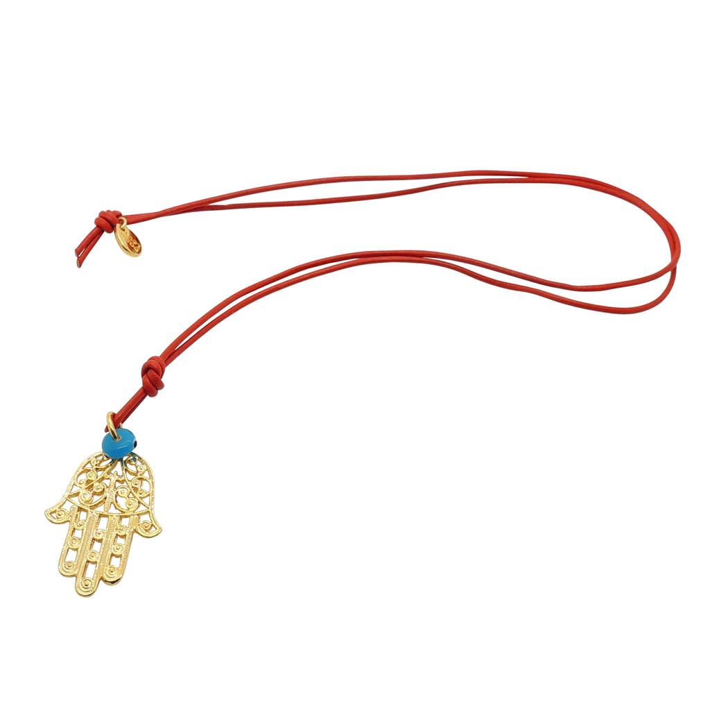 Dana Levy Filigree Hamsa Hand Charm Leather Cord Necklace - Gold Plate / Red Cord