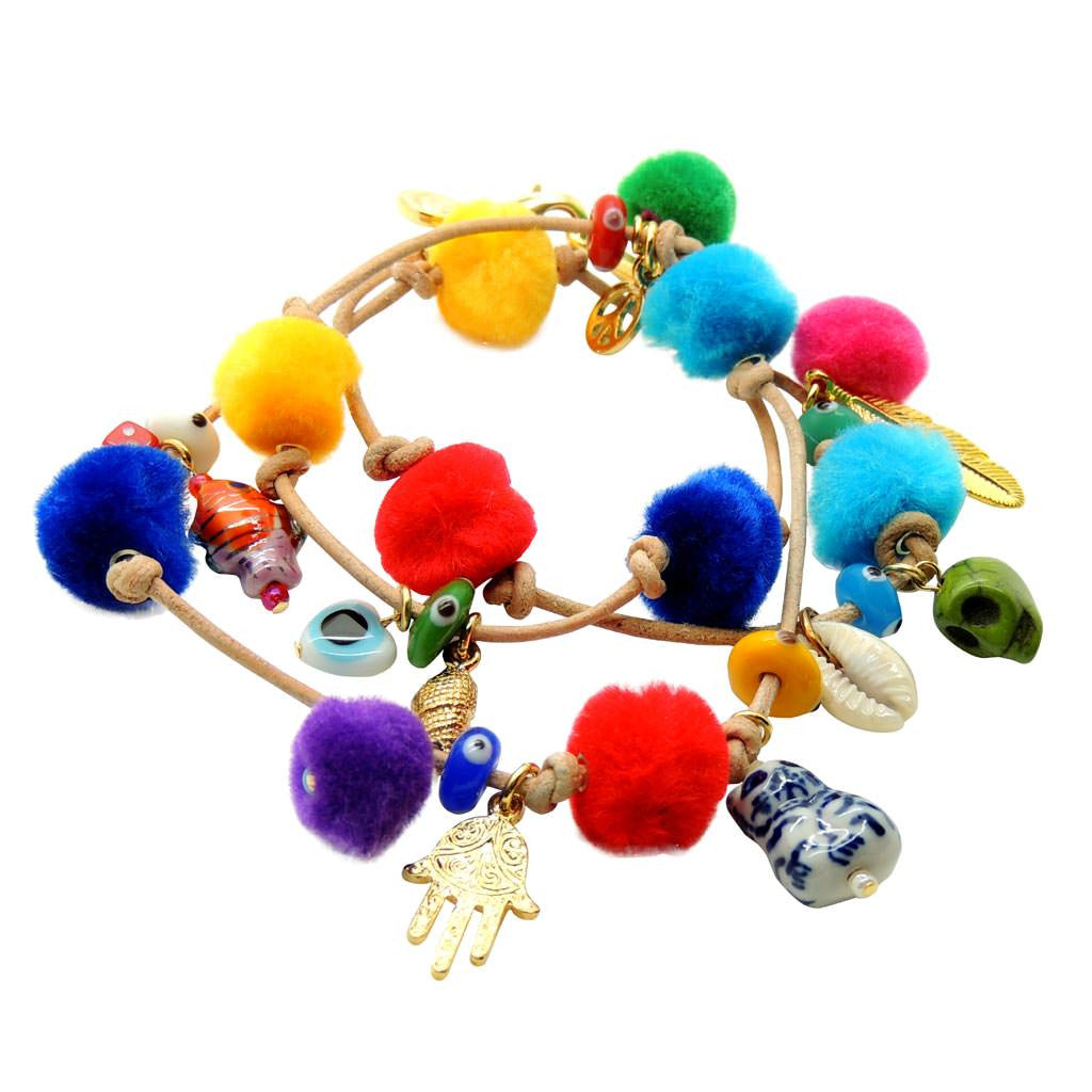 Dana Levy Rainbow Pompom Lucky Charms Leather Cord Bracelet - Single