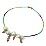 Dana Levy Ombre Quartz Crystal Charm Freshwater Pearl Beaded Necklace - Green / Red