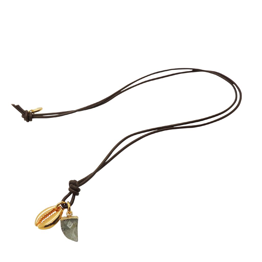 Dana Levy Men's Tooth and Midas Seashell Charm Duo Leather Cord Necklace - Grey Howlite Brown Leather