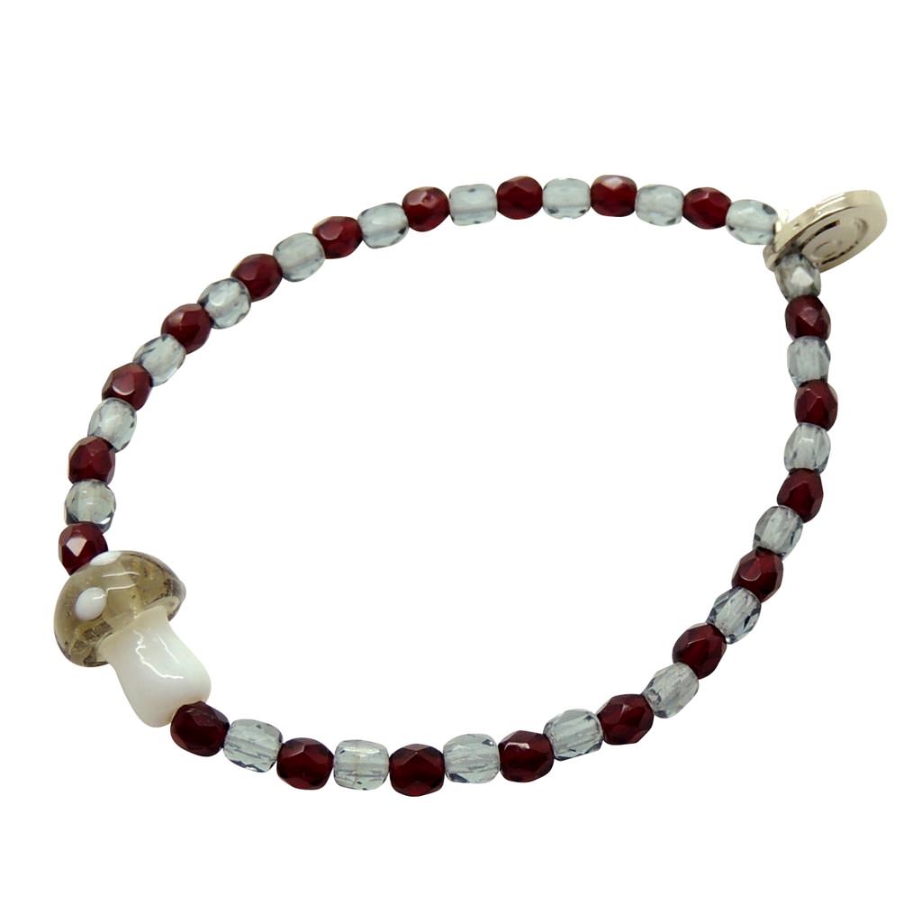 Dana Levy Toadstool Charm Faceted Glass Bead Bracelet - Translucent Grey Toadstool / Ruby & Grey Faceted Glass Beads