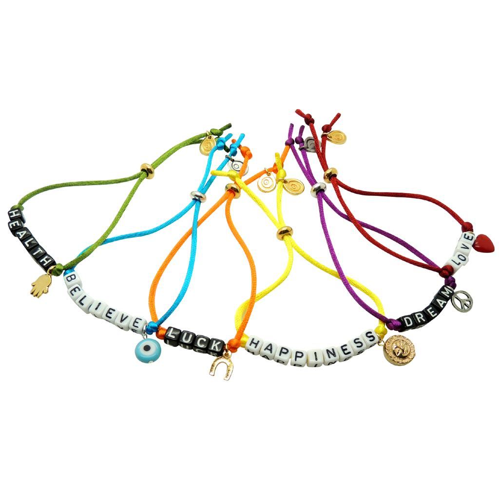 Dana Levy Personalised Name Alphabet Cube Charm Satin Cord Bracelet - Group Various